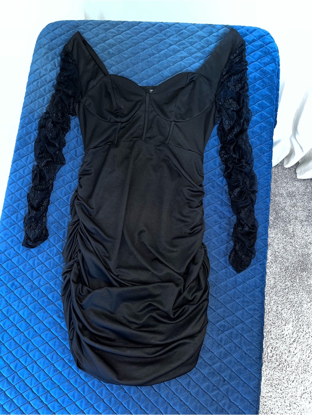 Black Long-Sleeve Ruched Bodycon Dress w/ Sheer Lace Sleeves SHEIN Ruffled 2XL